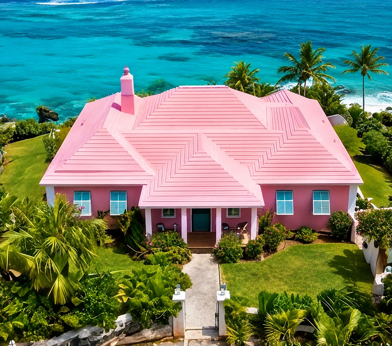 Pink-roofed Bermuda house on a turquoise oceanfront with palm trees