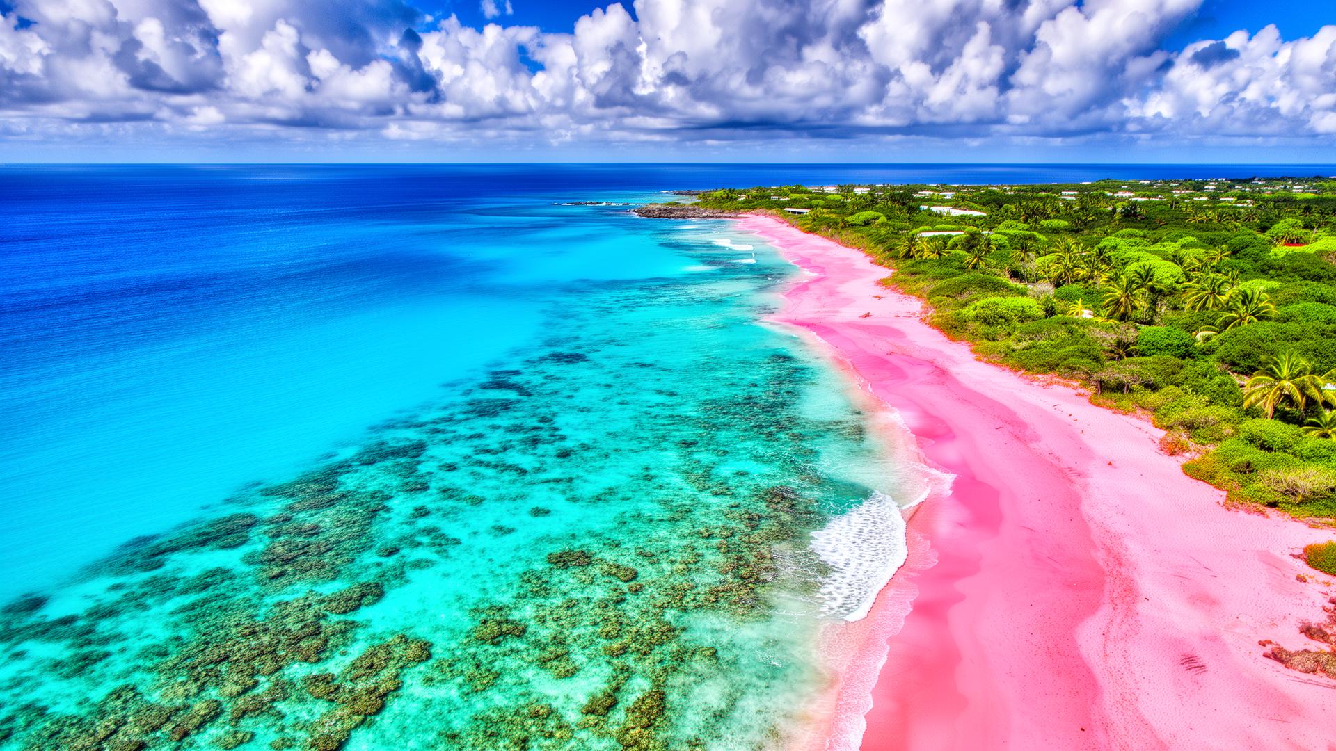 Aerial view of Bermuda with bright turquoise ocean and pink sand beach